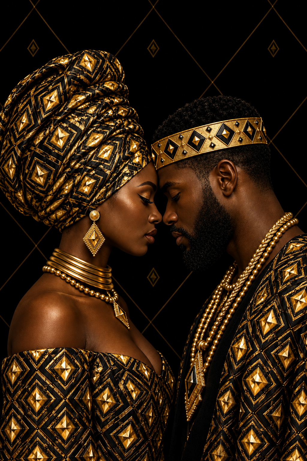 A couple in traditional African attire posing closely together. The woman wears a black and gold patterned off-the-shoulder top and matching headwrap with gold jewelry, and the man wears a matching black and gold patterned garment with a gold headband and layered gold necklaces.
