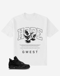 White t-shirt with 'HOPE' and dove graphic, paired with a black sneaker on a white background