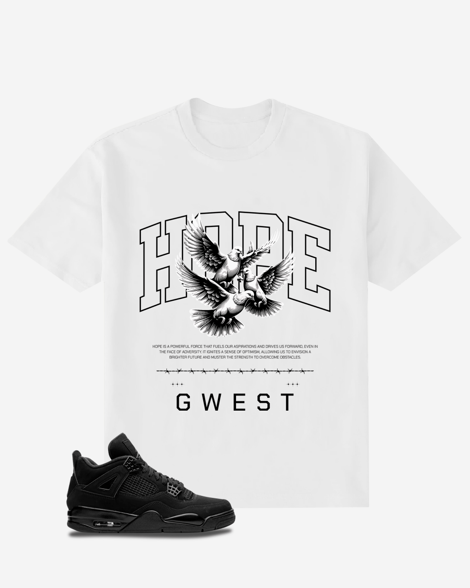 White t-shirt with 'HOPE' and dove graphic, paired with a black sneaker on a white background