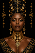 A close-up portrait of a woman wearing an elaborate black and gold African-inspired jewelry set, including a high braided headpiece, a wide collar, layered necklaces, and dangling earrings, against a black background with gold geometric patterns.
