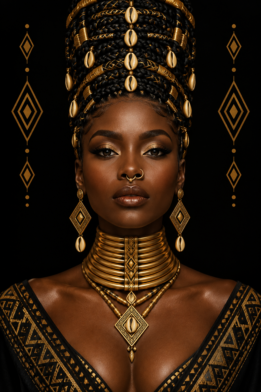 A close-up portrait of a woman wearing an elaborate black and gold African-inspired jewelry set, including a high braided headpiece, a wide collar, layered necklaces, and dangling earrings, against a black background with gold geometric patterns.