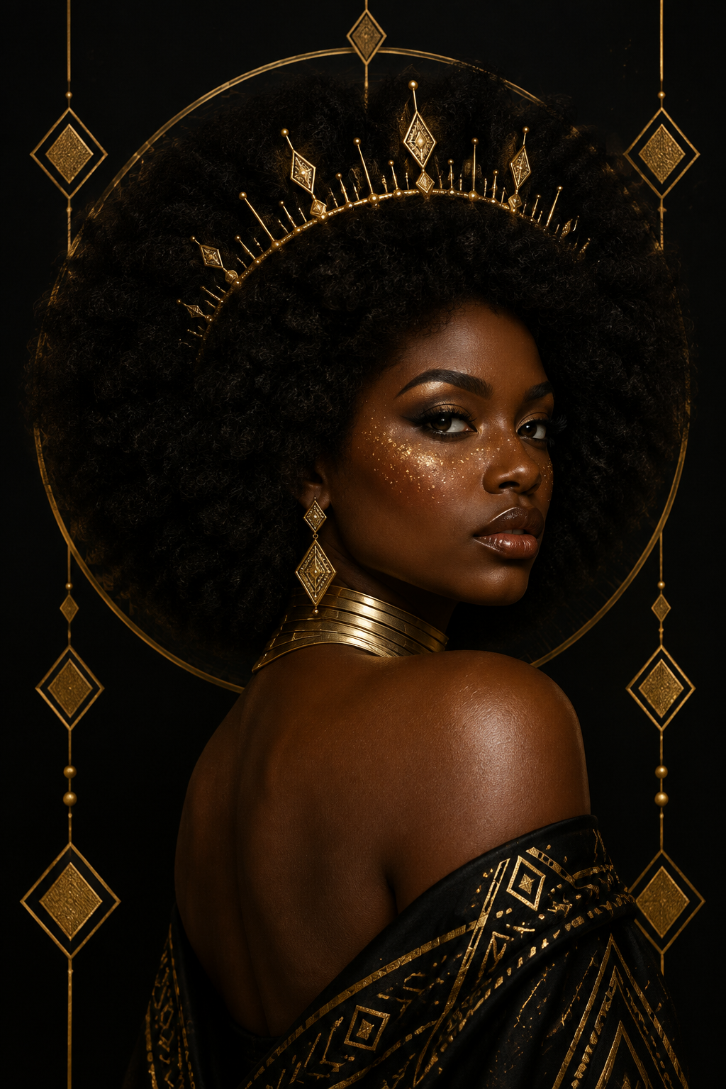 A woman with an afro hairstyle is shown from the back and side, wearing a large gold crown, gold geometric earrings, a gold collar, and a black garment with gold geometric patterns against a black background with decorative gold vertical elements.