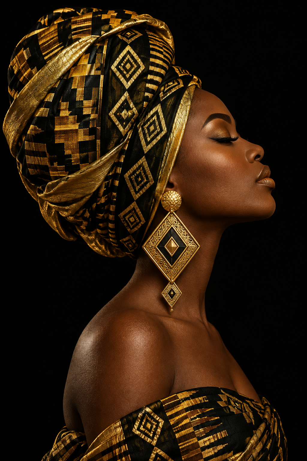 A woman in profile wearing an ornate black and gold patterned headwrap and matching jewelry against a solid black background.