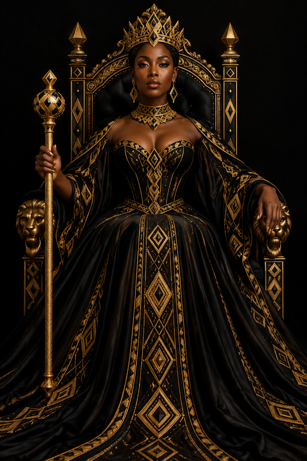A woman seated on a throne wearing an ornate black gown with extensive gold embroidery, a matching gold crown, and holding a gold scepter against a black background.