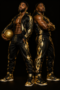 Two male models pose back-to-back wearing matching black and gold athletic tracksuits with geometric diamond patterns, paired with matching high-top sneakers, against a solid black background. One model holds a gold basketball.