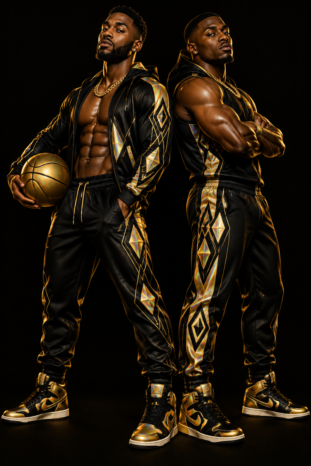 Two male models pose back-to-back wearing matching black and gold athletic tracksuits with geometric diamond patterns, paired with matching high-top sneakers, against a solid black background. One model holds a gold basketball.