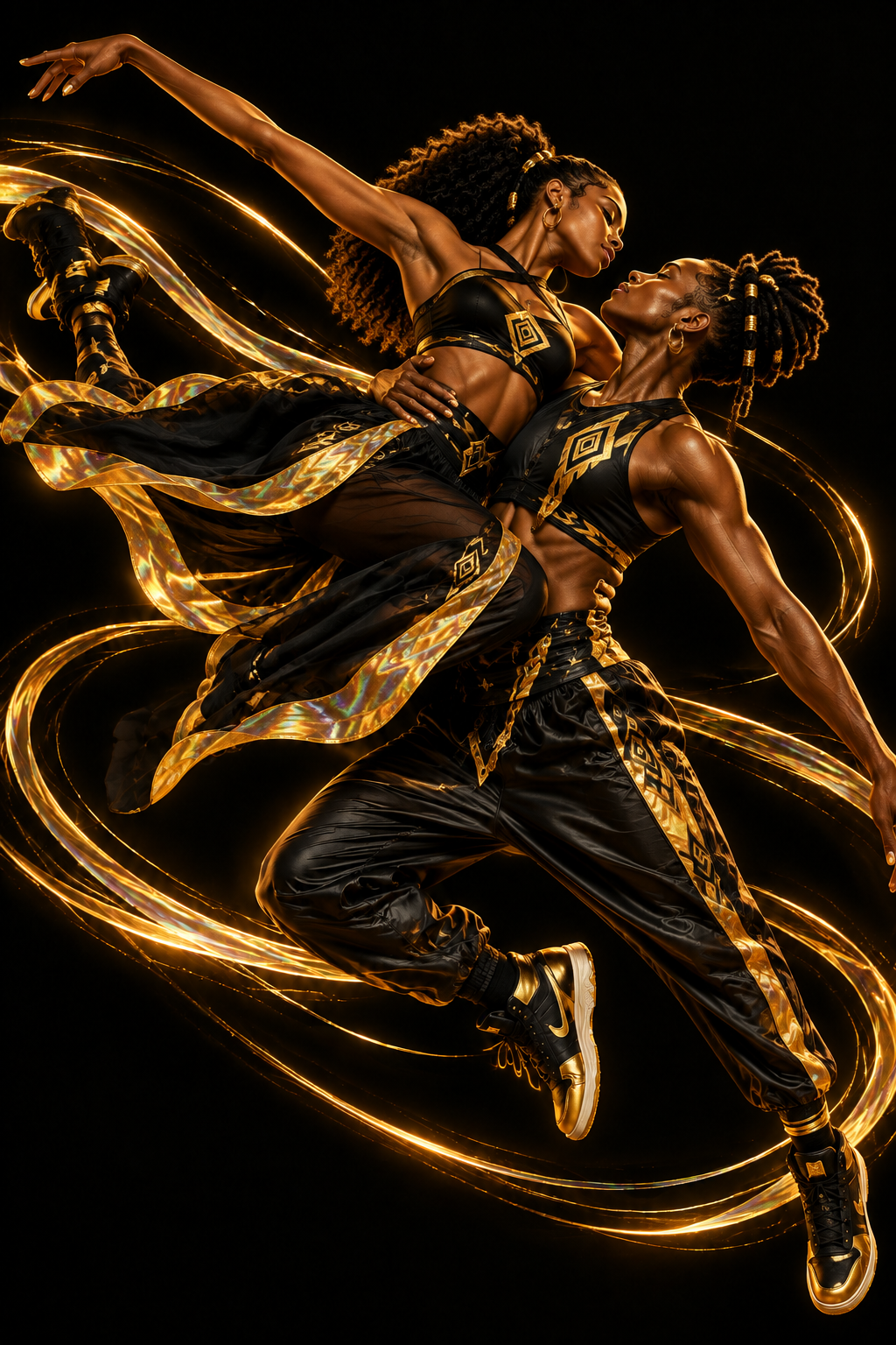 Two athletic dancers in matching black and gold outfits captured mid-leap against a black background, with glowing gold motion trails and a dramatic, high-contrast editorial look.