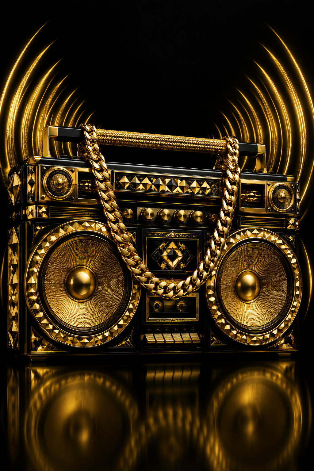 A highly detailed, ornate gold boombox-style bag or decorative object with two large speaker-like circular panels, a thick draped gold chain handle, and a black top handle, shown against a black background with dramatic gold sound-wave-like lines behind it.