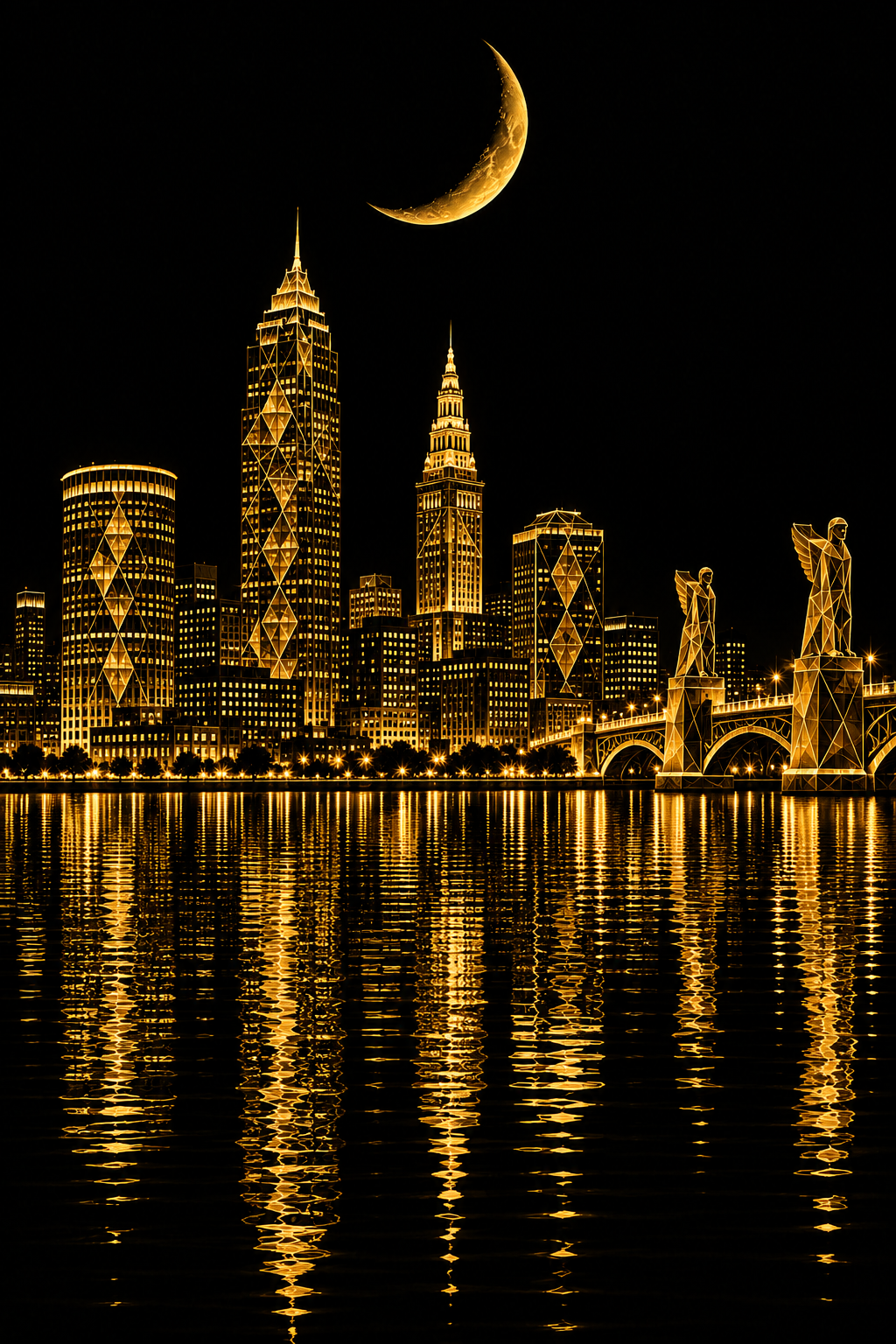 A nighttime city skyline with illuminated skyscrapers and a bridge reflected in calm water under a crescent moon, rendered in glowing golden tones against a black sky.