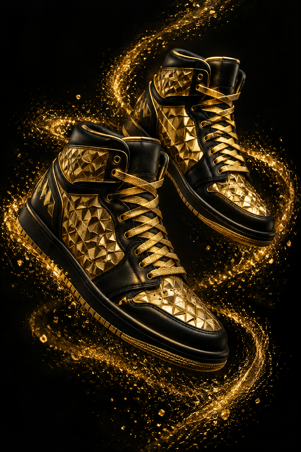 A pair of high-top sneakers in glossy black and metallic gold, featuring a geometric pyramid-textured pattern on the panels and matching gold laces, set against a dark background with swirling gold light effects.