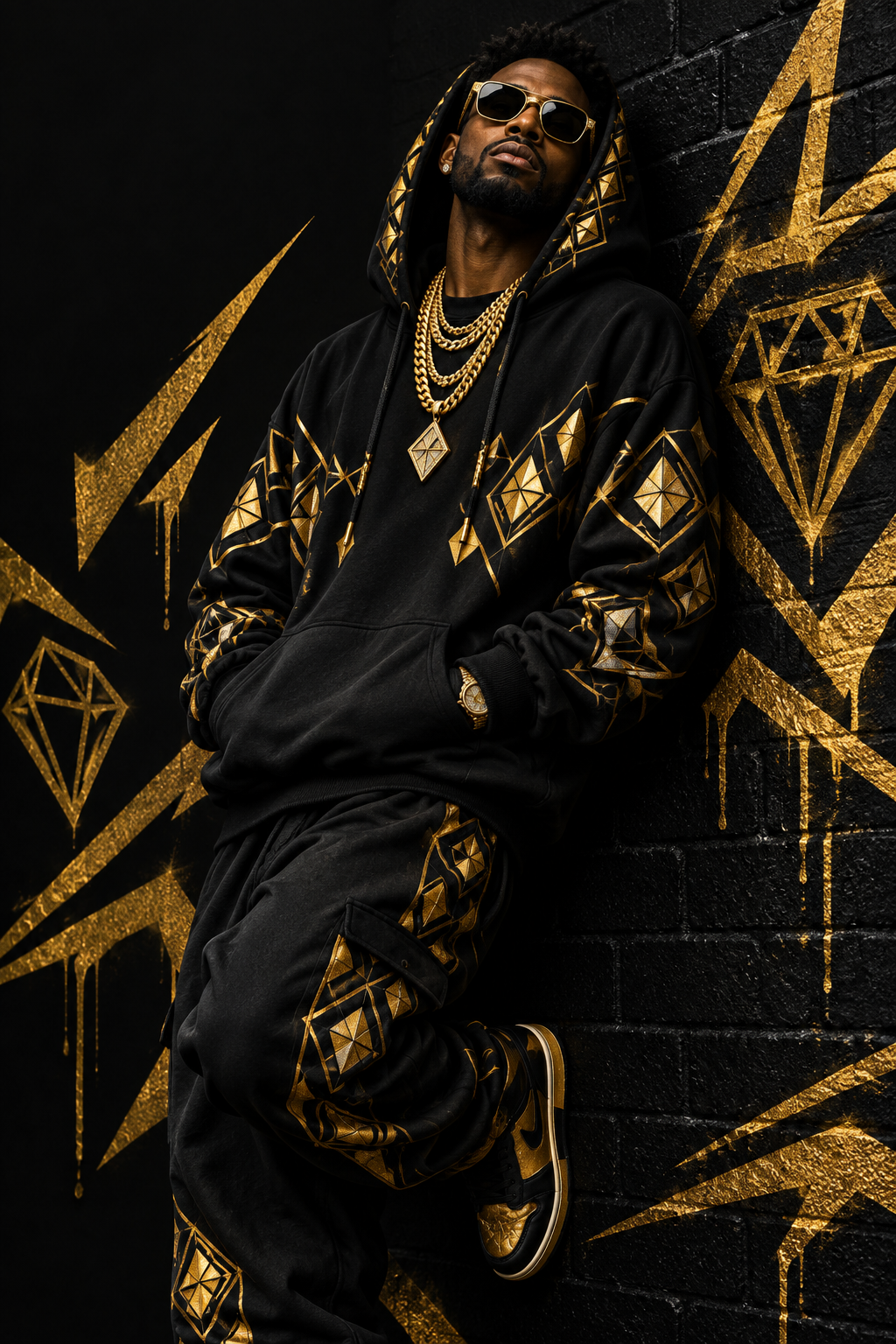 A man wearing a black hoodie and matching black jogger pants with bold gold geometric diamond patterns, leaning against a black brick wall decorated with gold graffiti-style diamond and lightning-bolt designs.